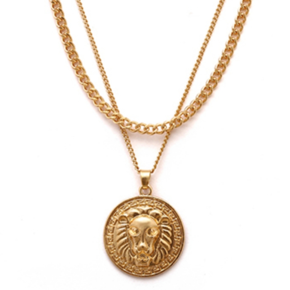 Gold Lion Medallion Double Strand Necklace - Picture 5 of 8
